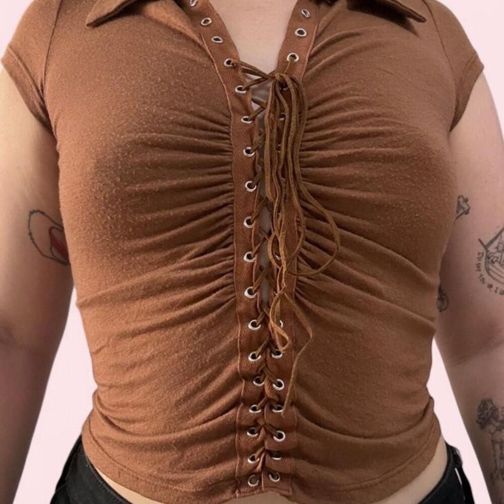 Y2K Brown Lace Up Ruched Baby Tee | Made in USA | Fairy Grunge